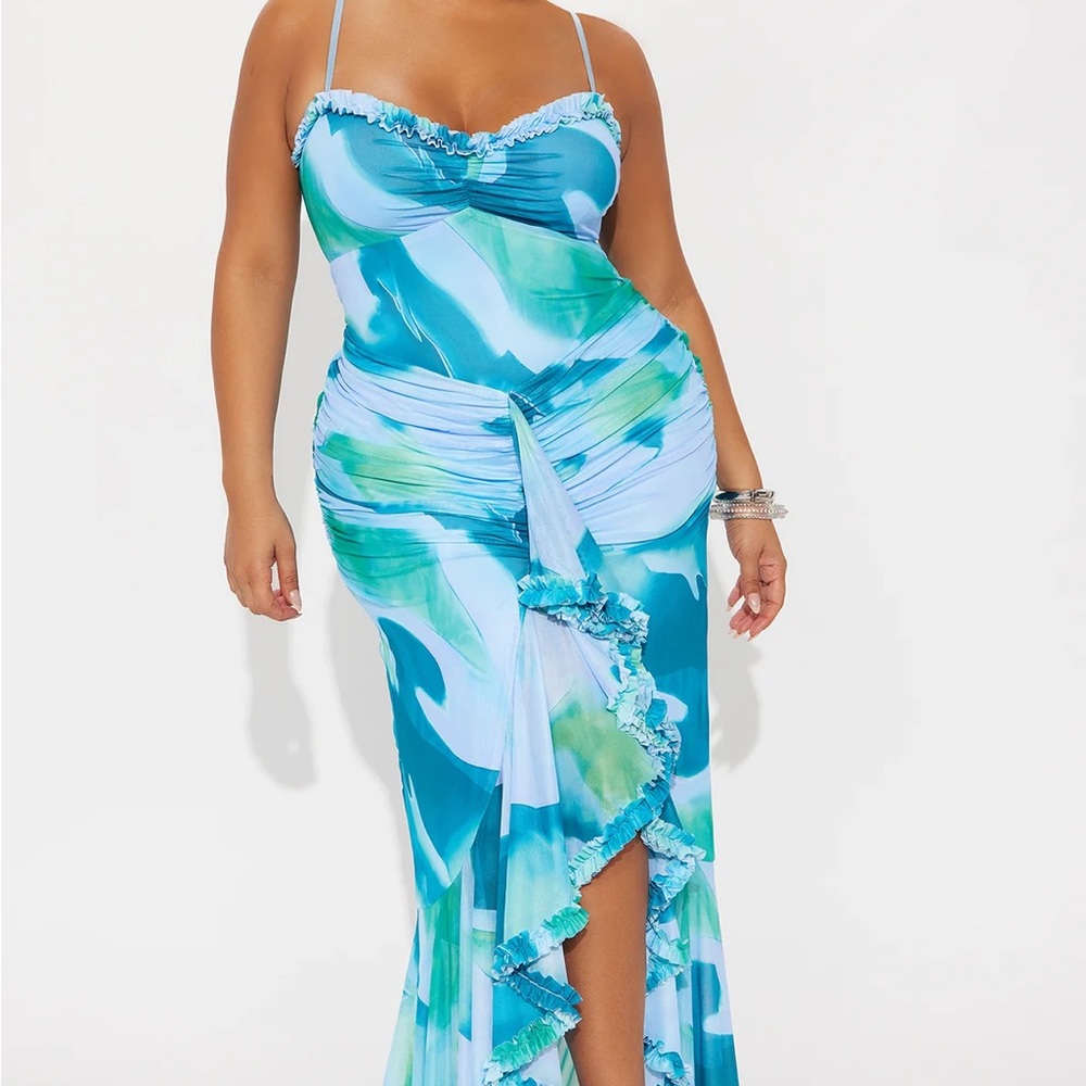 Fashion Nova Blue Ruffle Mesh Maxi Dress – Wedding Guest / Vacation / Summer - Picture 2 of 3